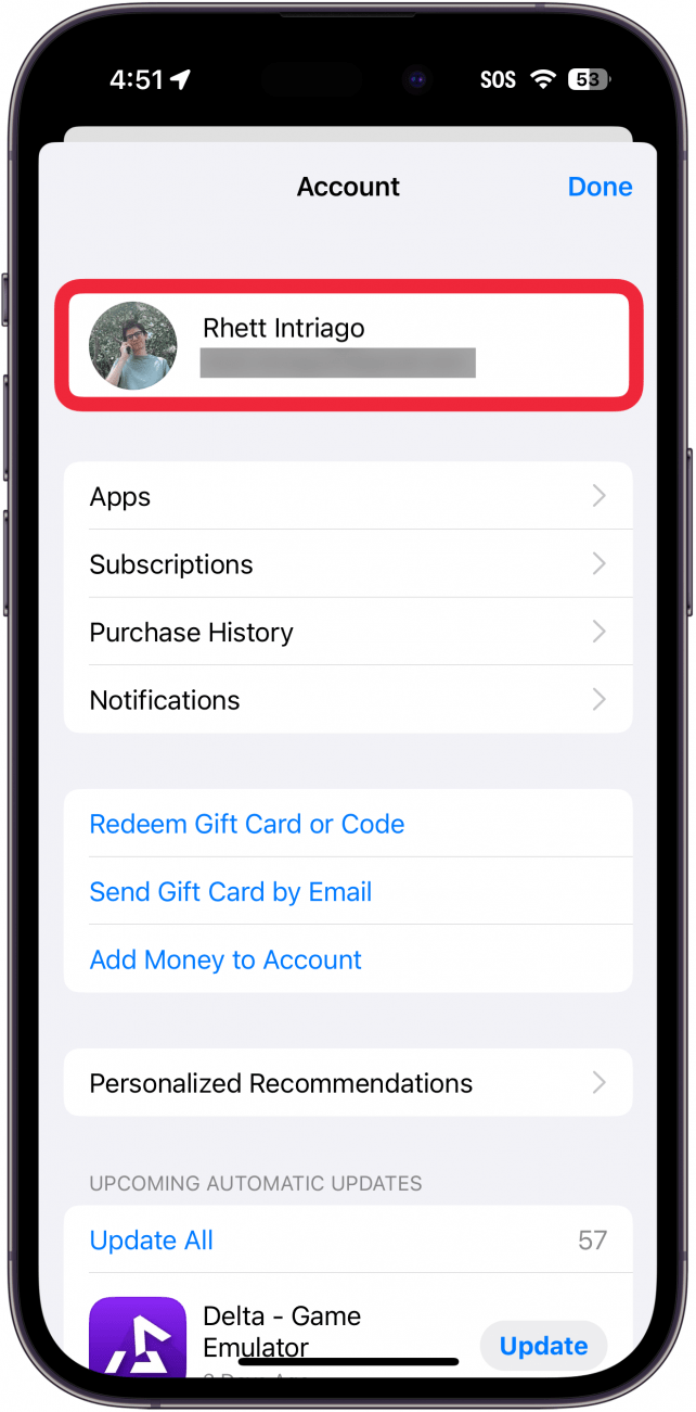 definições de perfil da app store do iphone com uma caixa vermelha à volta do ID da apple