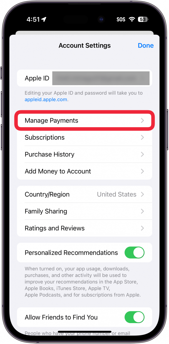 Настройки на apple id в iphone app store с червено поле около управлението на плащанията