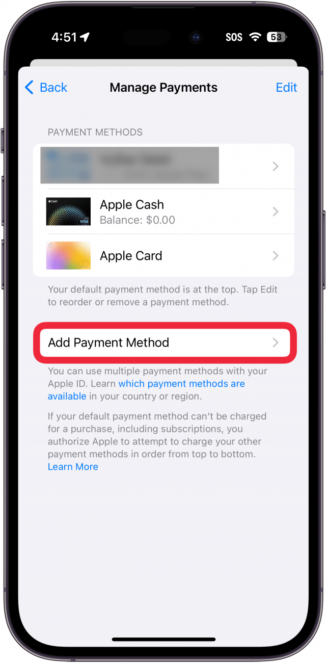 Настройки на плащанията в iphone app store с червено поле около бутона за добавяне на метод на плащане