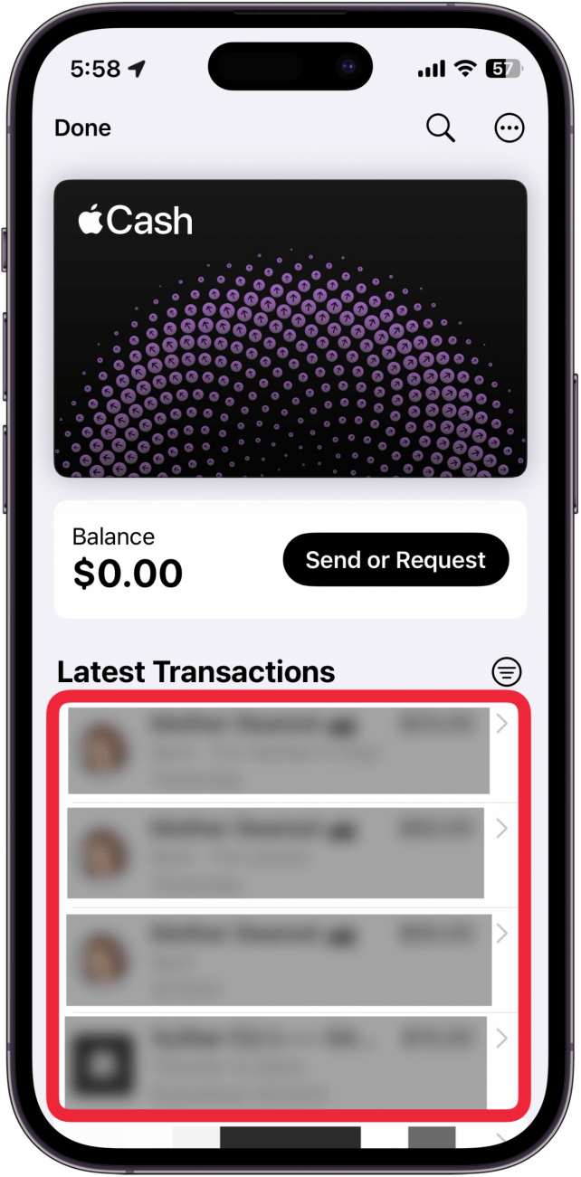 iphone wallet app viser apple cash card med en rød boks omkring de seneste transaktioner