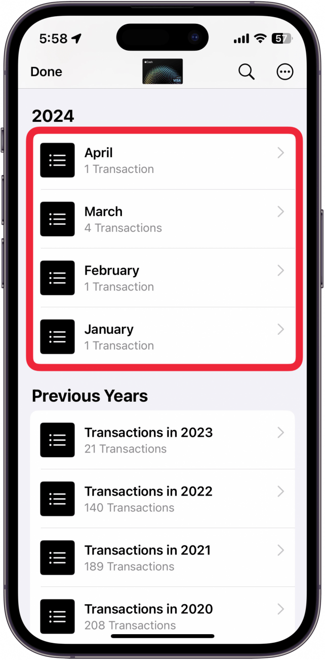 cronologia delle transazioni dell'app portafoglio di iphone con un riquadro rosso intorno alle transazioni del 2024