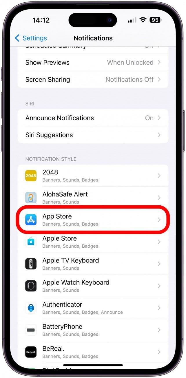 En ESTILO DE NOTIFICACIÓN, pulse una aplicación que envíe Notificaciones sensibles al tiempo, como la App Store.
