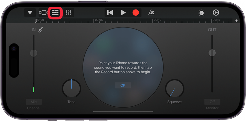 트랙보기 버튼 주위에 빨간색 상자가있는 노래 프로젝트를 표시하는 아이폰 가라지 밴드 앱
