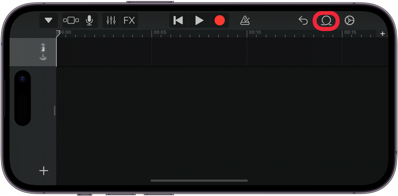 aplicação garageband para iphone que apresenta o projeto de música com uma caixa vermelha à volta do botão de loops