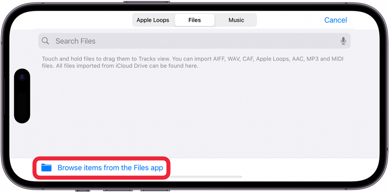 파일 앱에서 항목 찾아보기 버튼 주위에 빨간색 상자가 있는 루프 창을 표시하는 아이폰 garageband 앱
