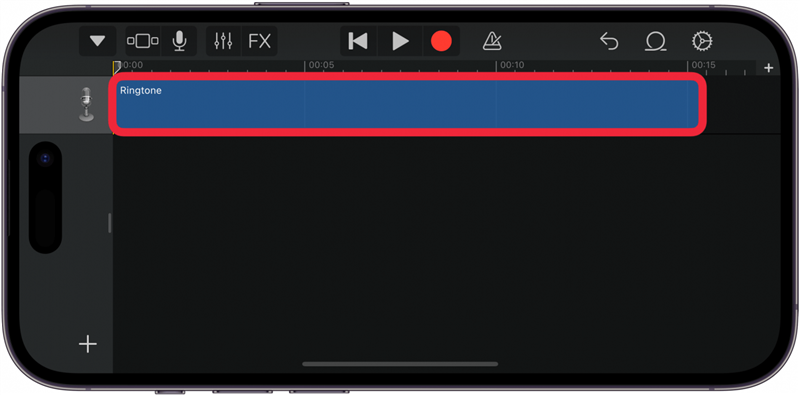 a aplicação garageband para iphone apresenta a vista de faixas com uma caixa vermelha à volta de uma faixa de memorando de voz