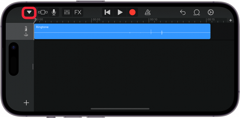 aplicação garageband para iphone que apresenta a vista de faixas com uma caixa vermelha à volta do botão de navegação