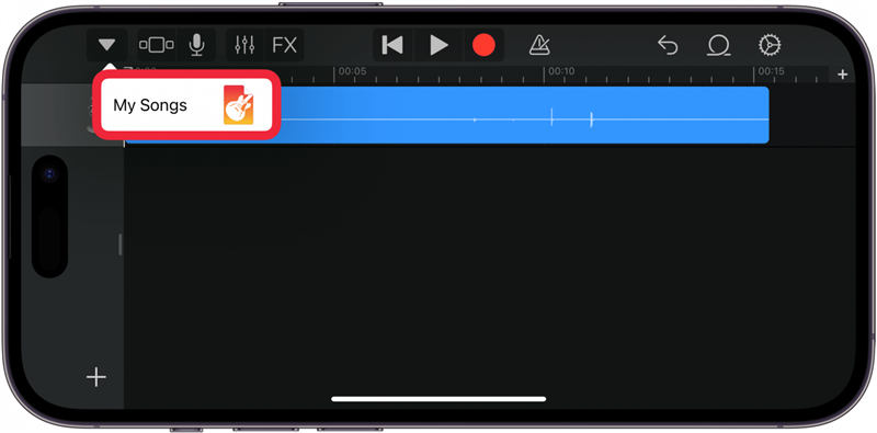 iphone garageband com visualização de faixas com uma caixa vermelha à volta do botão "as minhas músicas