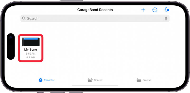 iphone garageband şarkılarım penceresini mevcut projenin etrafında kırmızı bir kutu ile görüntüleme