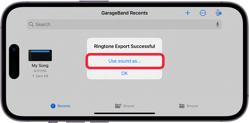 iphone garageband my songs window apresentando a janela de exportação de toques bem sucedida com uma caixa vermelha à volta do botão usar som como