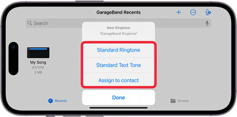 a janela "minhas músicas" do iphone garageband apresenta uma janela de exportação de toques bem sucedida com uma caixa vermelha à volta das opções Toque de chamada padrão, Toque de texto padrão ou Atribuir ao contacto