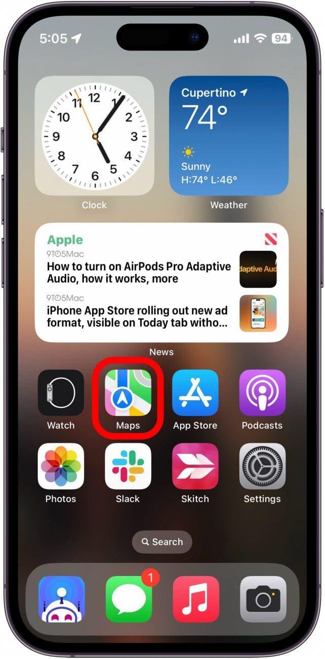 Capture d'écran de l'écran d'accueil de l'iPhone avec l'application Maps entourée en rouge