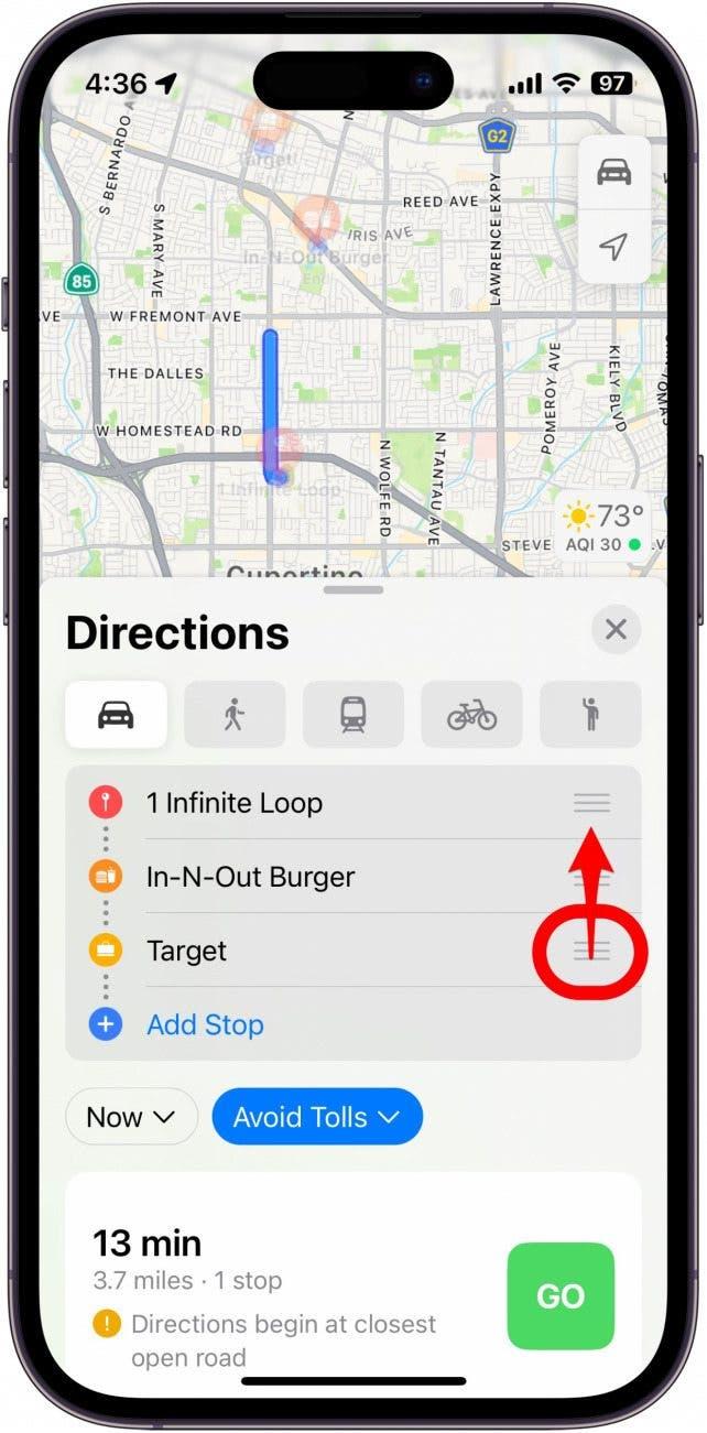Screenshot des Multi-Stop-Routenplaners von Apple Maps, der zeigt, wie Sie Haltestellen neu anordnen können