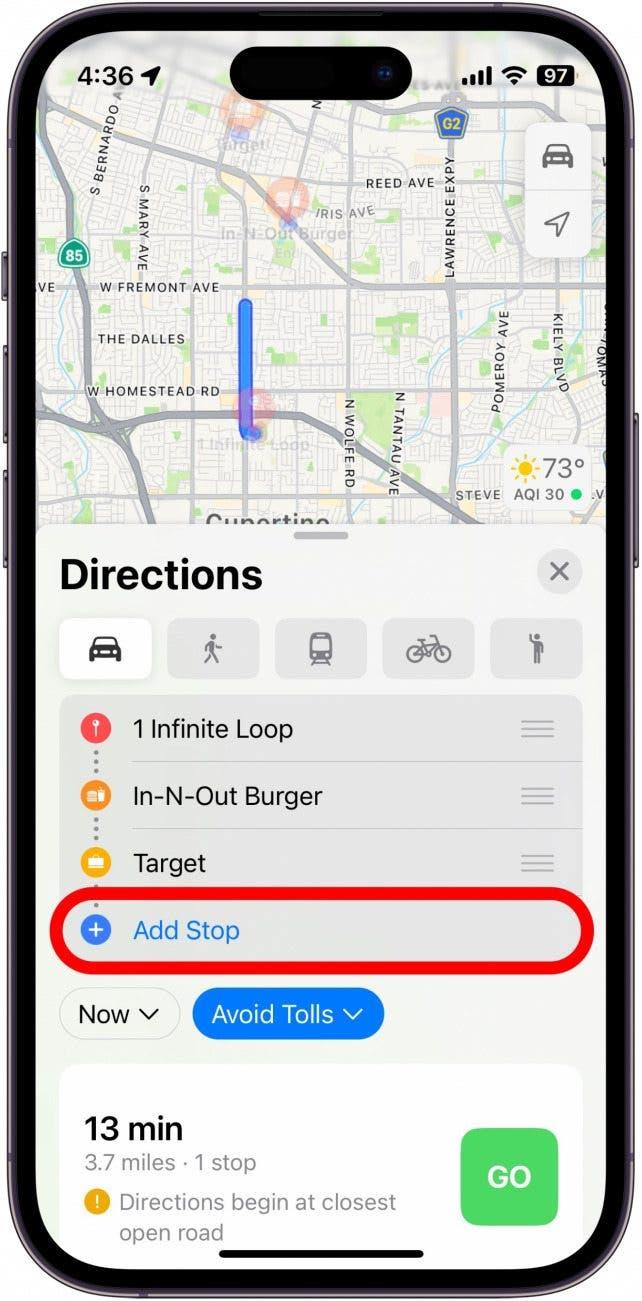 Screenshot zur Demonstration des Hinzufügens eines Stopps in Apple Maps