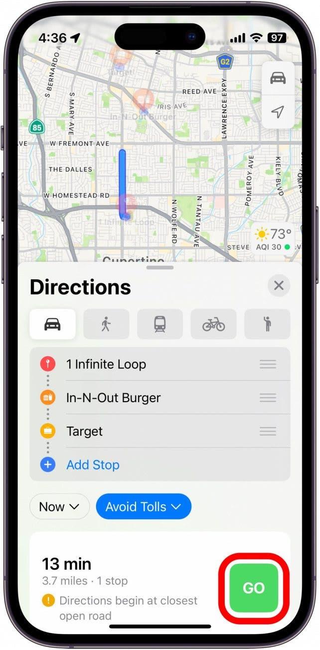 Screenshot von Apple Maps mit der rot eingekreisten Schaltfläche "Los".
