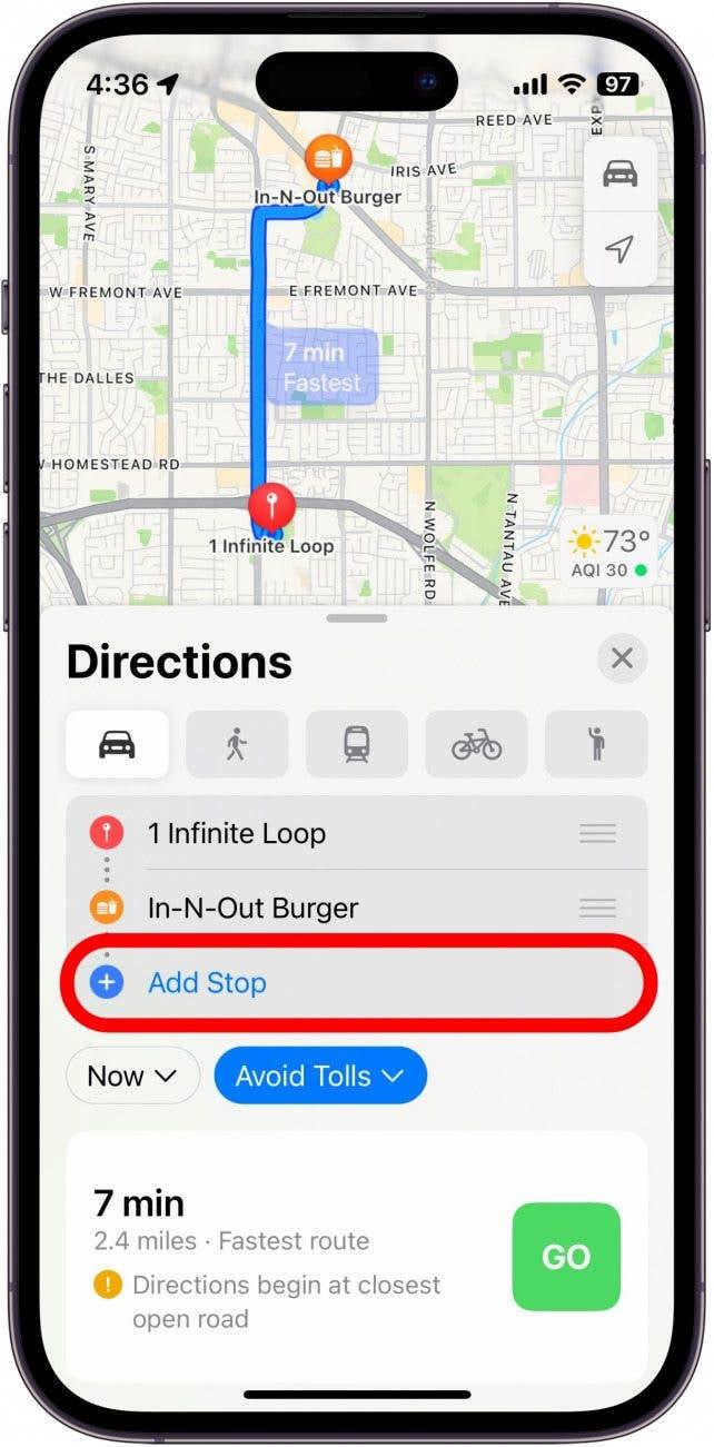 Screenshot des Multi-Stop-Routenplaners von Apple Maps mit der rot eingekreisten Schaltfläche Haltestelle hinzufügen