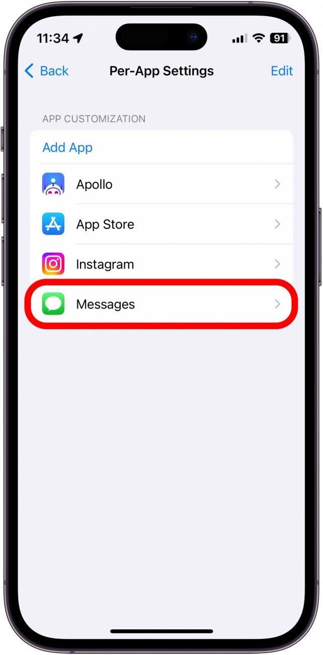 Capture d'écran des réglages par application sur l'iPhone avec l'application Messages entourée en rouge