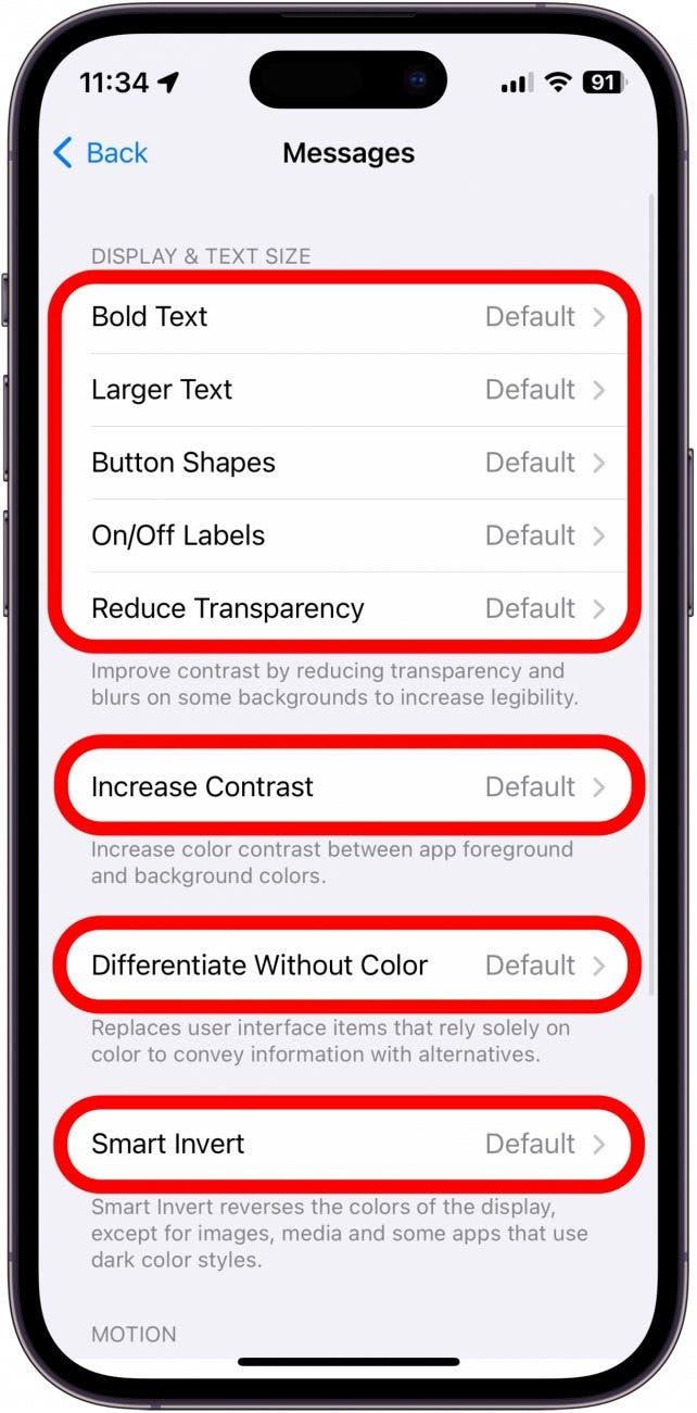 Capture d'écran des réglages par app sur l'iPhone montrant les options d'accessibilité disponibles
