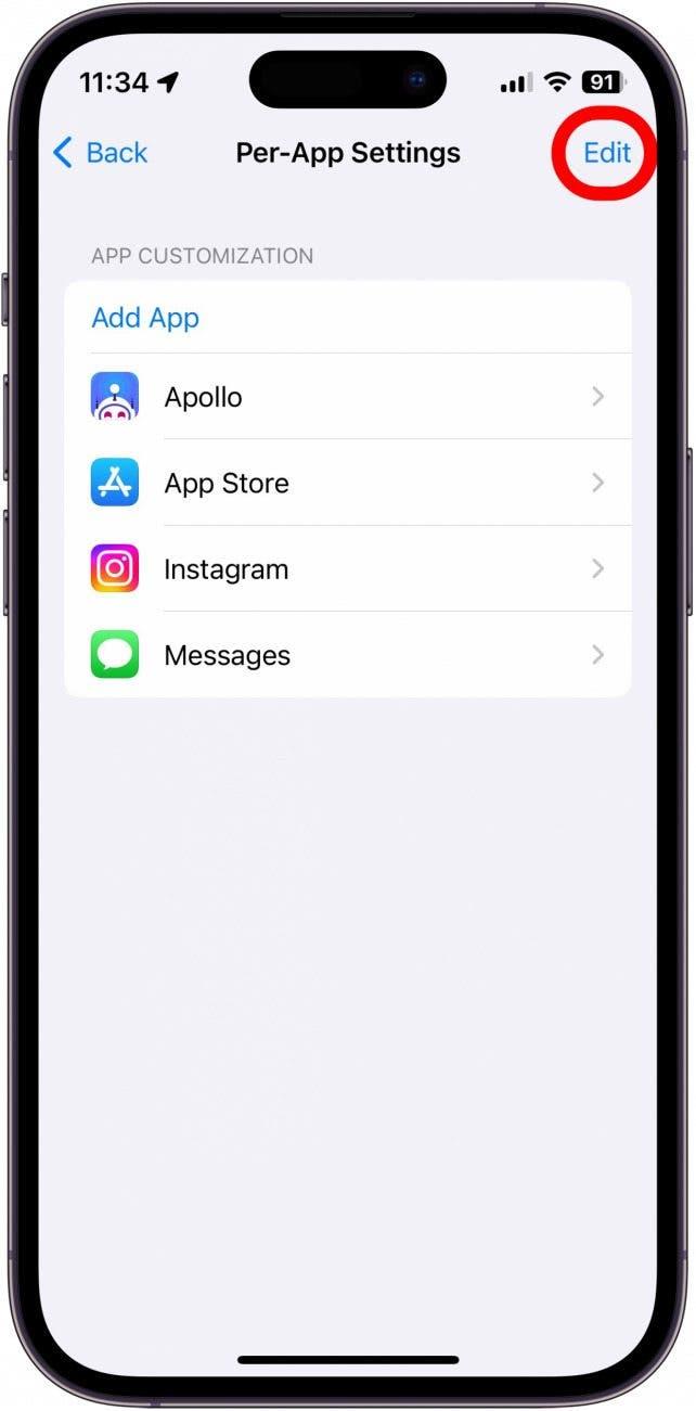 Capture d'écran des réglages par app sur l'iPhone avec le bouton d'édition entouré en rouge