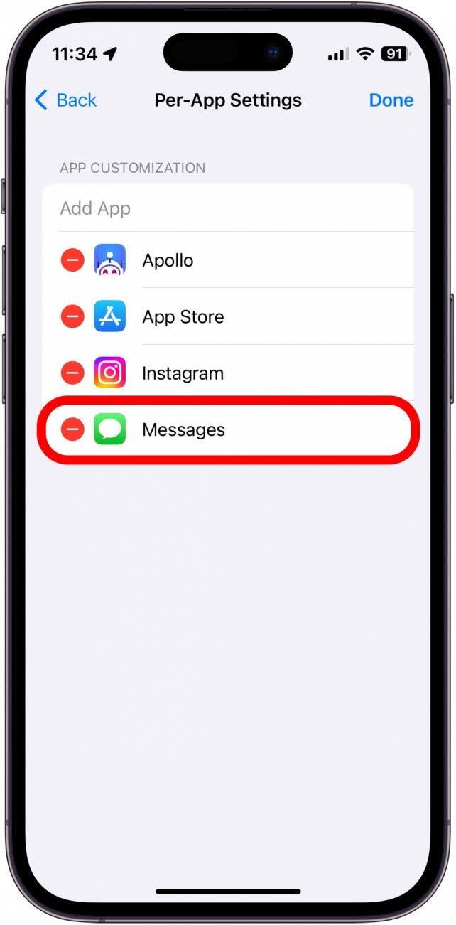 Capture d'écran des réglages par app sur l'iPhone avec le signe moins de l'app Messages entouré en rouge
