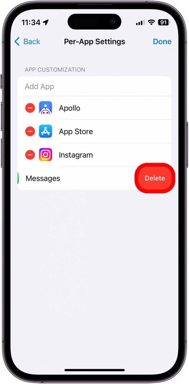 Capture d'écran des réglages par app sur l'iPhone avec le bouton supprimer entouré en rouge