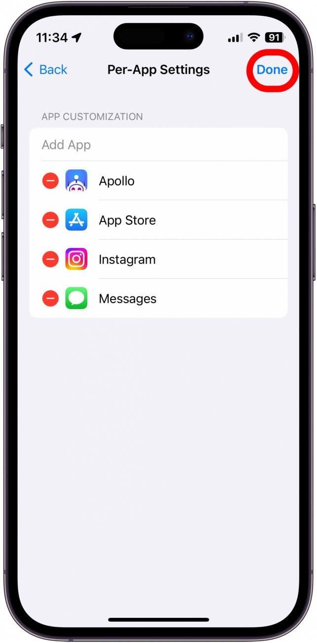 Capture d'écran des réglages de l'iPhone par application avec le bouton Terminé entouré en rouge