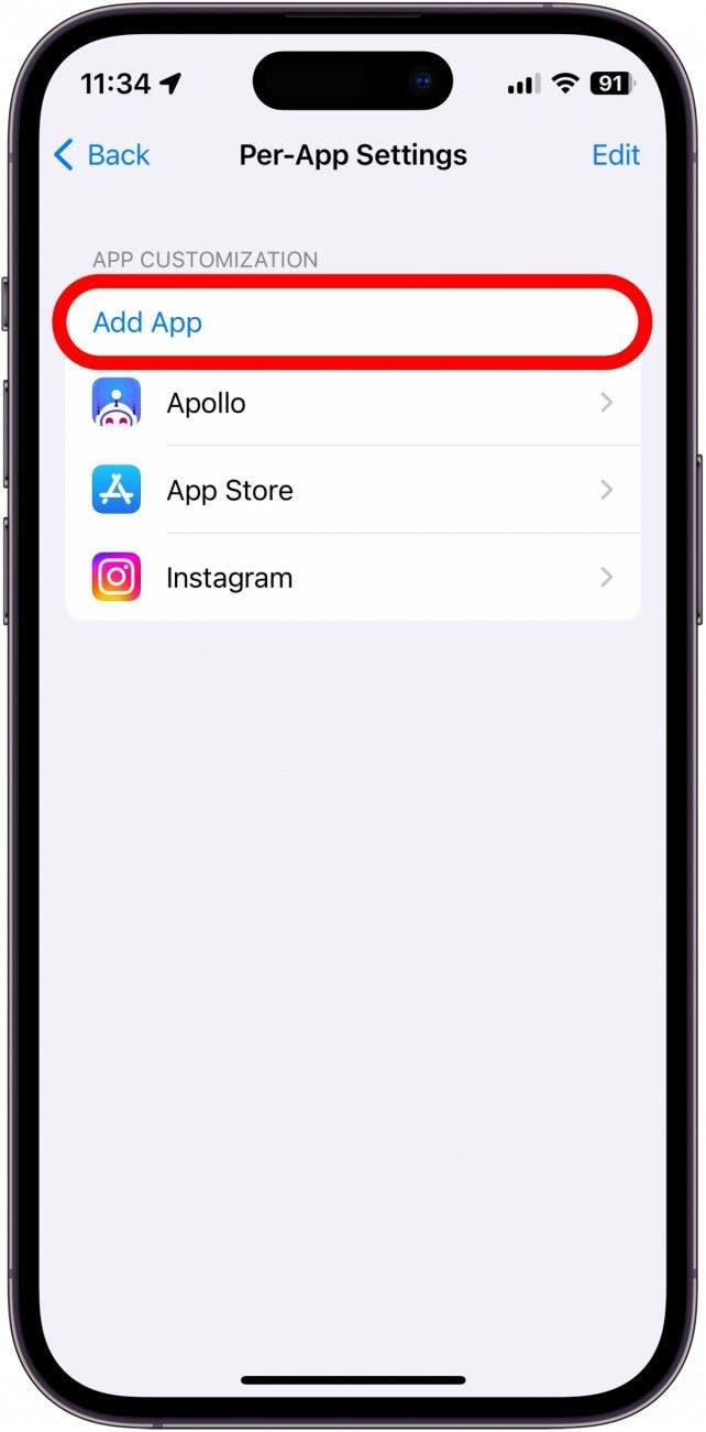 Capture d'écran des réglages par application de l'iPhone avec l'ajout d'application entouré en rouge