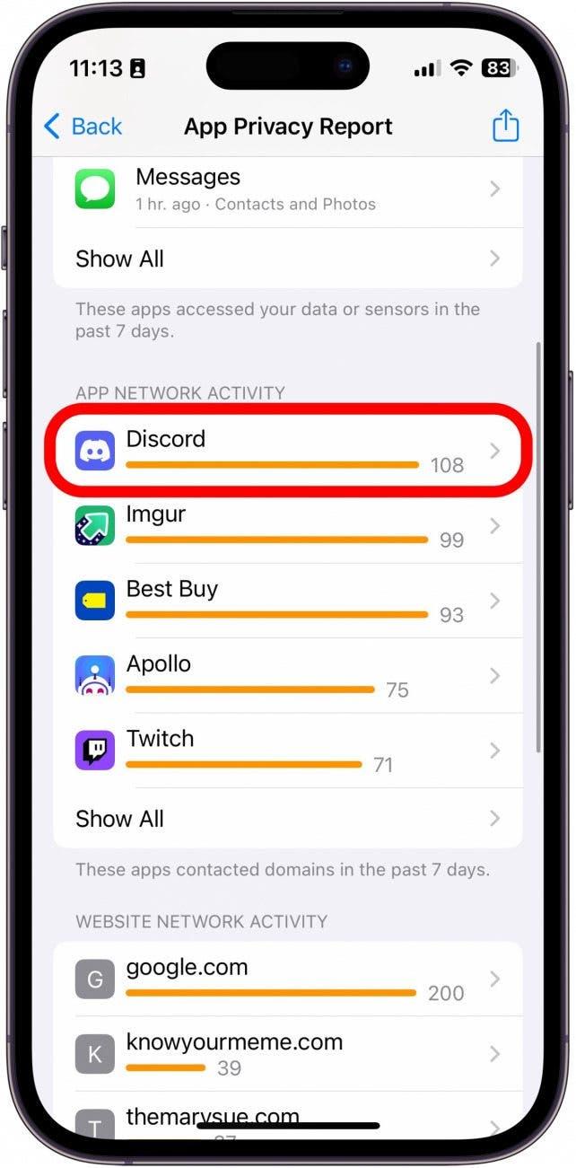 Capture d'écran du rapport de confidentialité de l'application iphone avec discord entouré en rouge