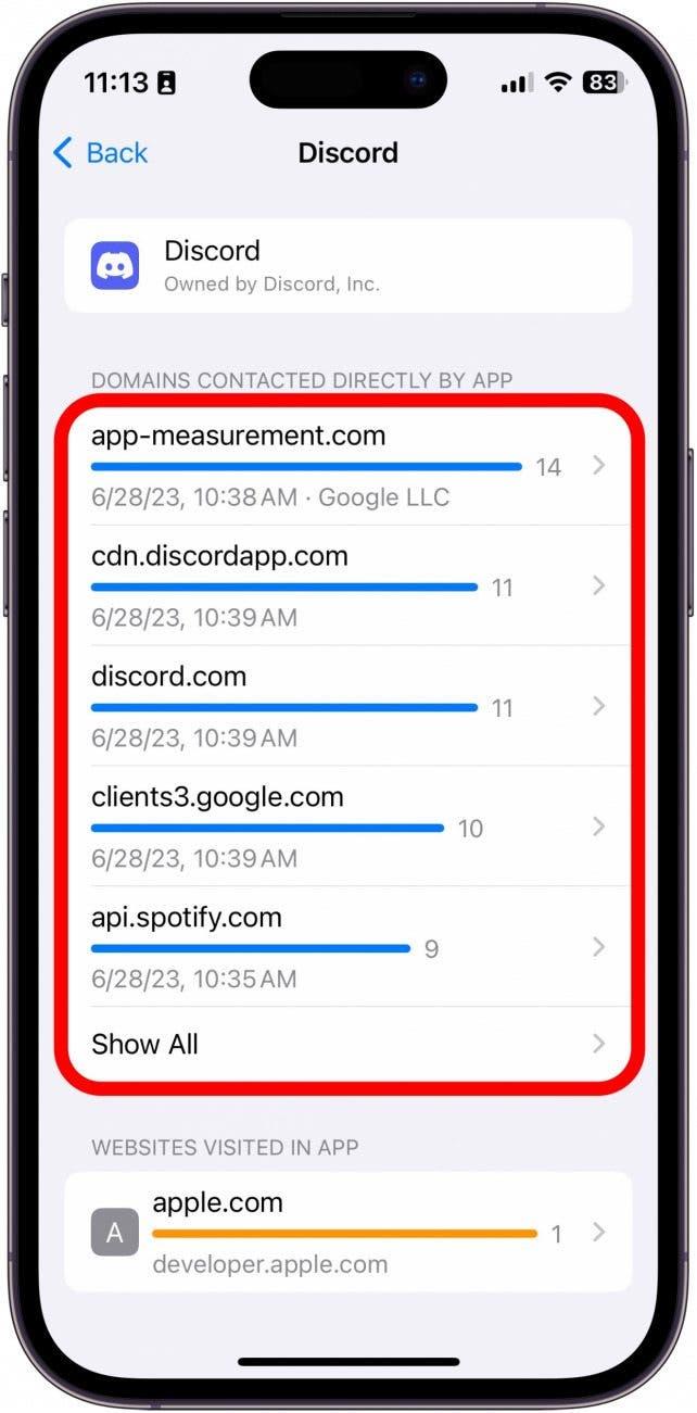 Capture d'écran du rapport de confidentialité de l'application discord avec les domaines entourés en rouge