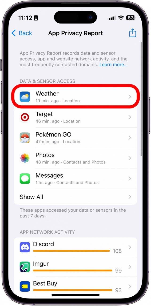 Capture d'écran du rapport de confidentialité de l'application iphone avec l'application météo entourée en rouge