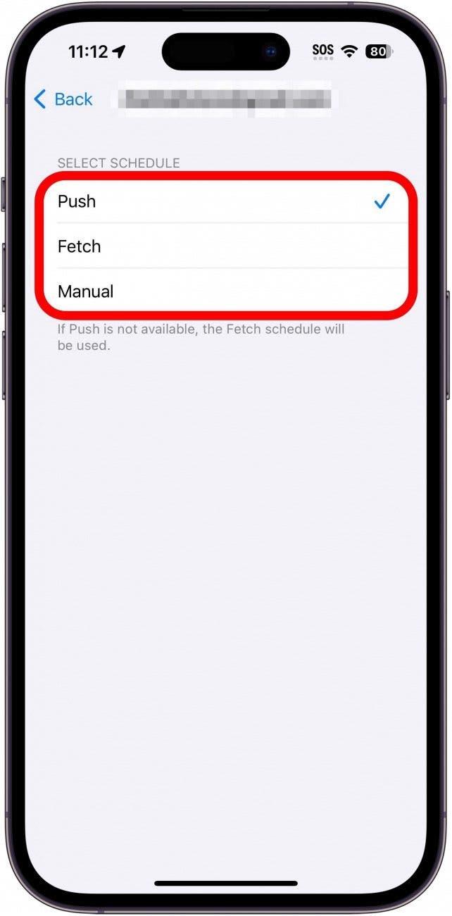 Ajustes de obtención del correo del iphone para una cuenta específica con las siguientes opciones marcadas en rojo: push, obtención y manual.
