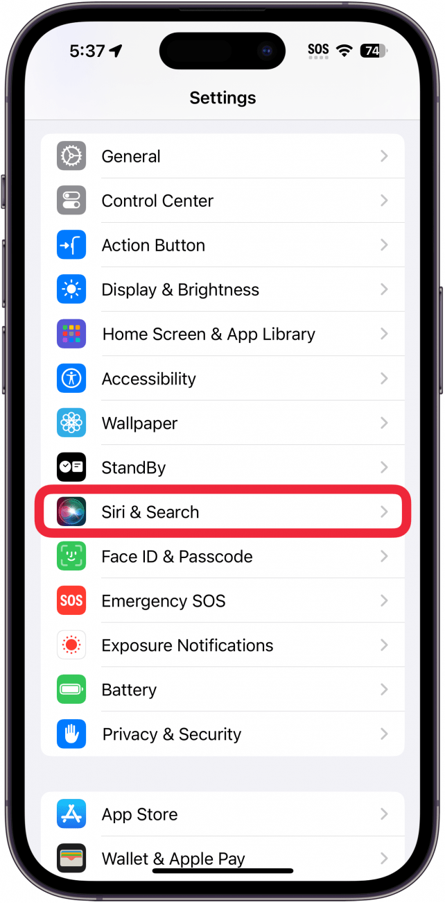 Réglages de l'iphone avec une boîte rouge autour de Siri et de la recherche