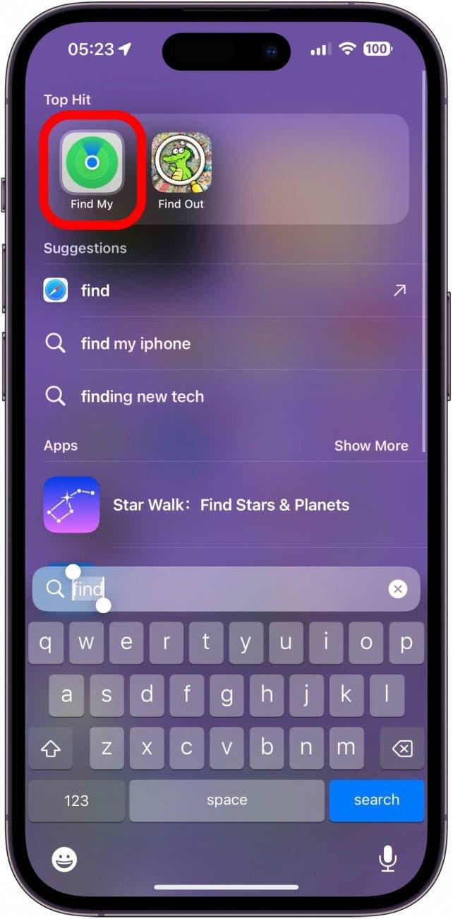 iphone Spotlight Suche mit rot eingekreister Find My App