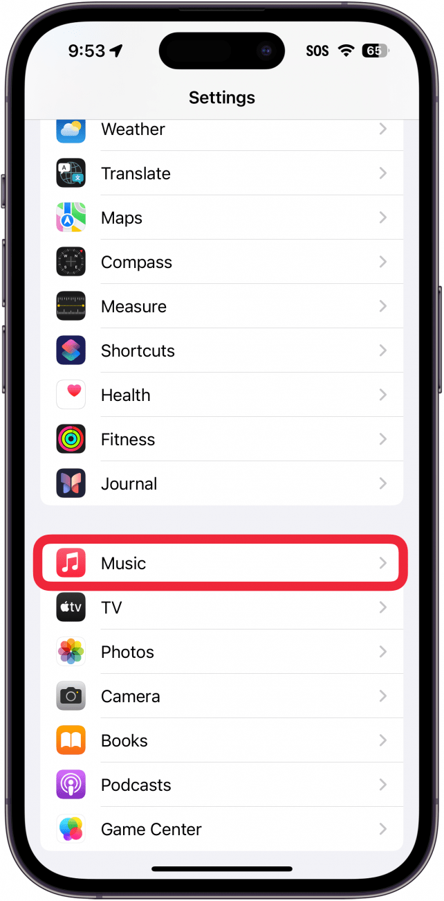Réglages de l'iPhone avec un cadre rouge autour de la musique