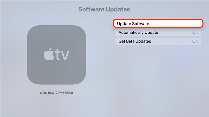 Suchen Sie nach Apple TV-Updates und installieren Sie das Software-Update, falls es nicht auf dem neuesten Stand ist.