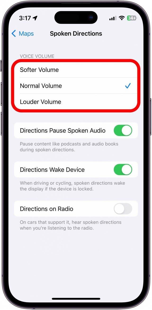 Réglages des indications vocales d'Apple Maps, avec les options de volume de la voix soulignées.