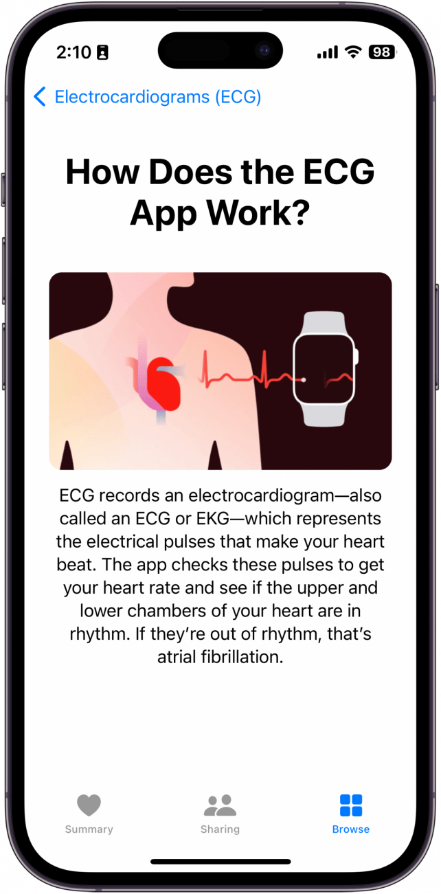 L'écran de l'app apple health ecg affichant la question "comment fonctionne l'app ECG" ainsi qu'une explication sur l'app apple watch ecg.