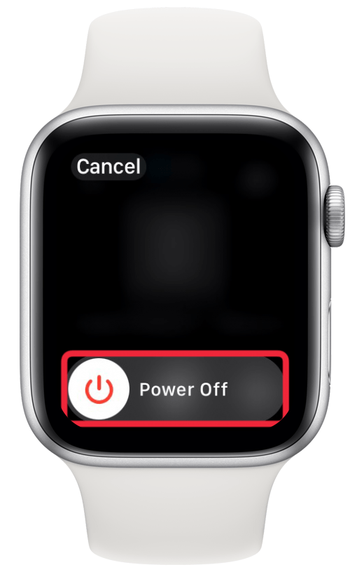 Apple Watch avstängningsmeny med en röd ruta runt avstängningsreglaget