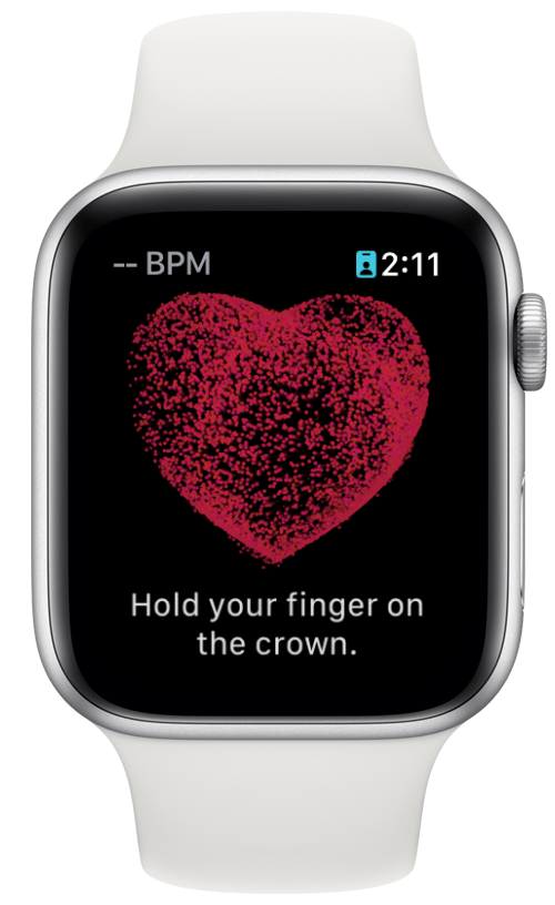apple watch ecg app mostrando un símbolo de corazón e instrucciones que dicen: "mantenga el dedo en la corona".