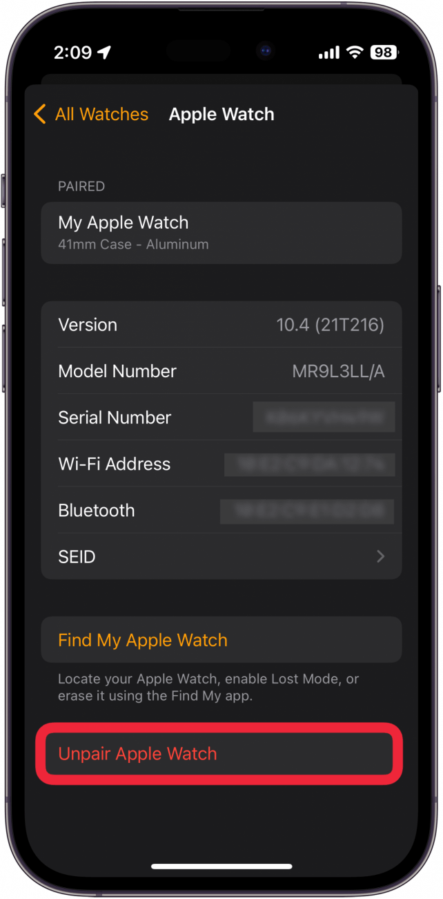 iphone apple watch app watch info screen with a red box around unpair apple watch button