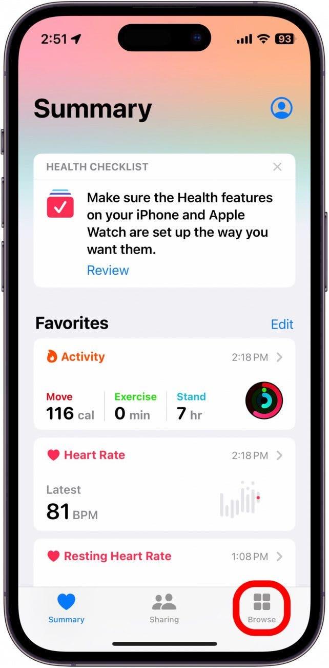 Gesundheits-App mit rot eingekreister Registerkarte "Durchsuchen