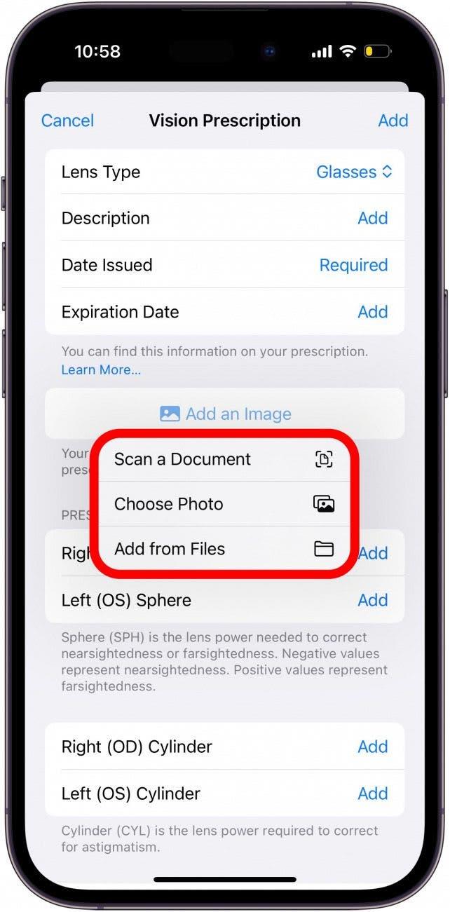 iphone-Bildschirm mit rot eingekreisten Optionen zum Hinzufügen eines Bildes: Scannen eines Dokuments, Auswählen eines Fotos oder Hinzufügen aus Dateien