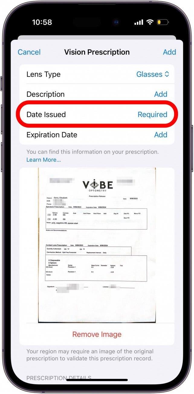 écran de prescription pour la vision sur iphone avec la date d'émission encerclée en rouge
