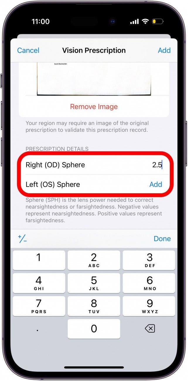 écran de prescription de vision pour iPhone avec les détails des sphères droite et gauche entourés en rouge