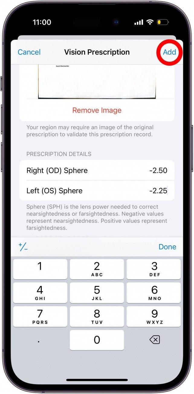 écran de prescription de vision pour iPhone avec le bouton d'ajout entouré en rouge