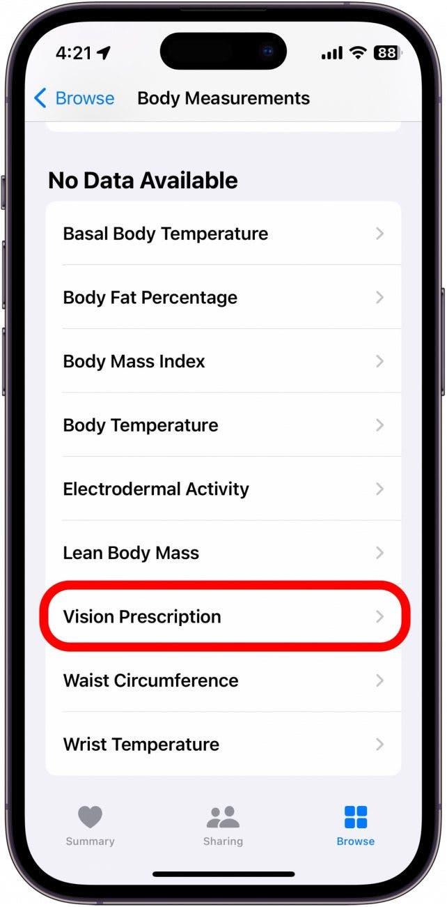 l'application santé avec les mesures du corps et la prescription de vision entourée en rouge