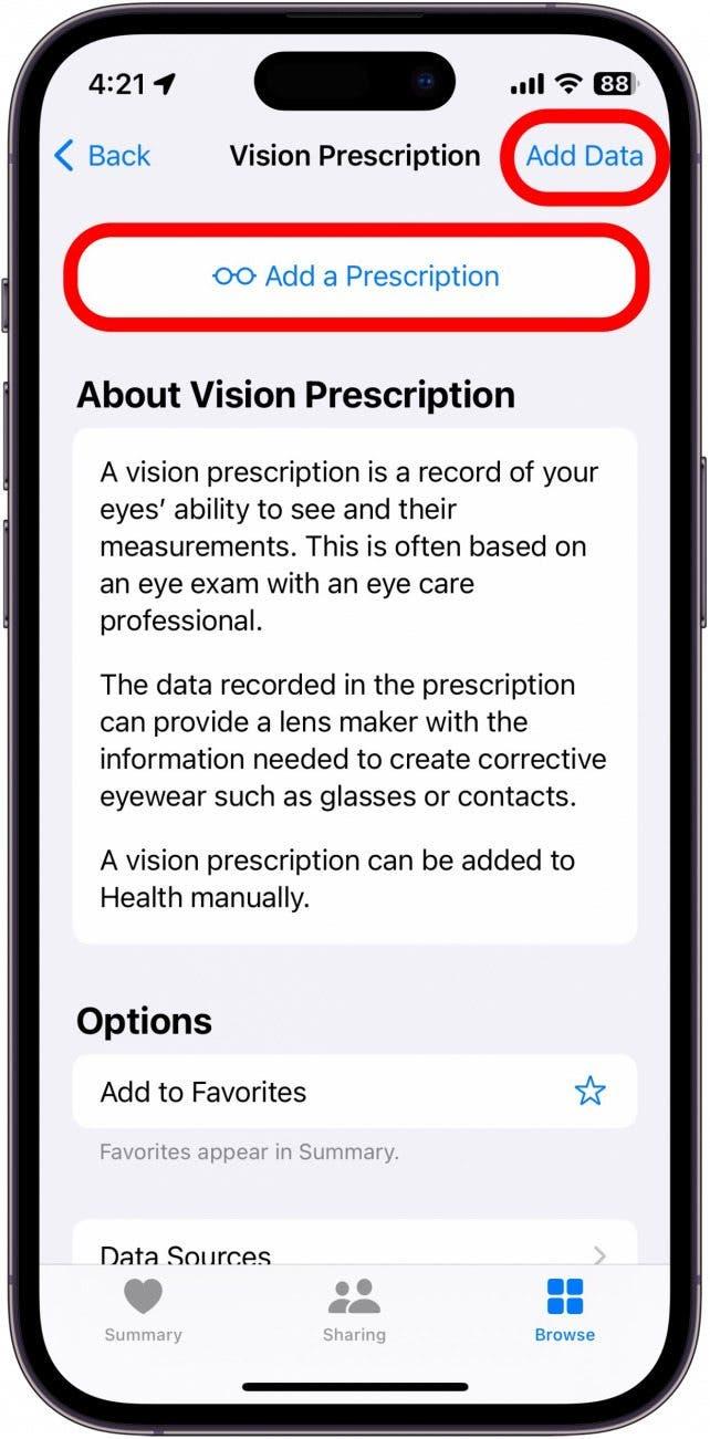 écran de prescription de vision pour iphone avec bouton d'ajout de prescription entouré de rouge