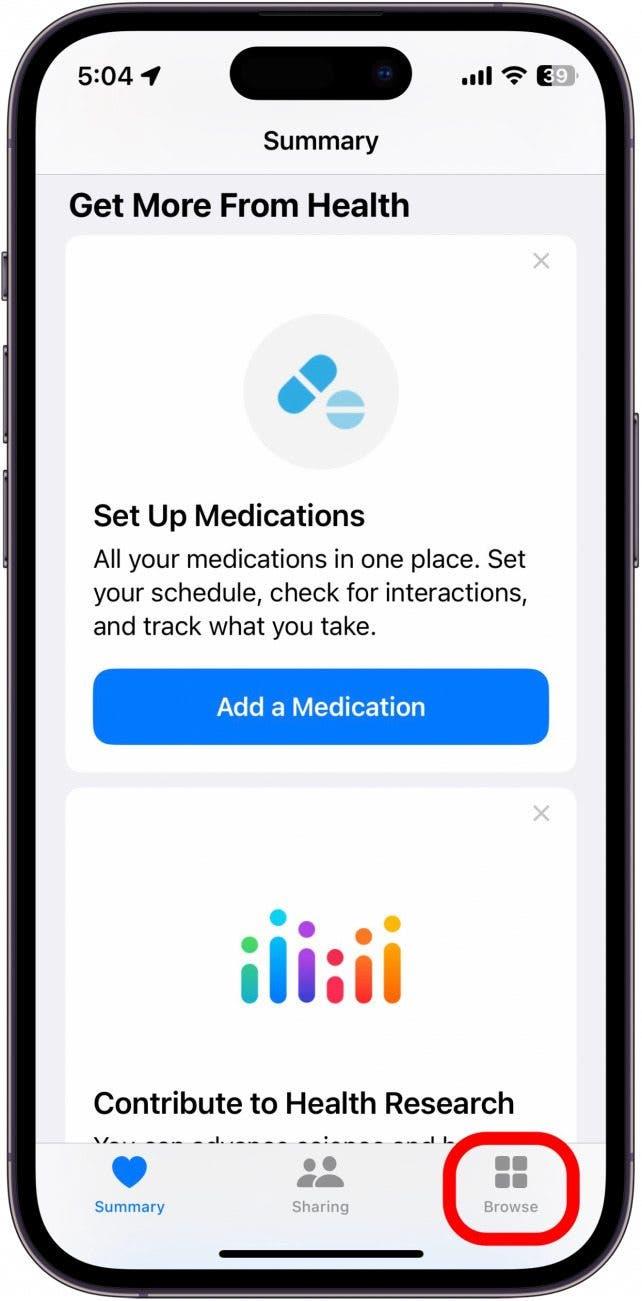 Capture d'écran de l'application Santé de l'iPhone avec l'onglet Parcourir entouré en rouge