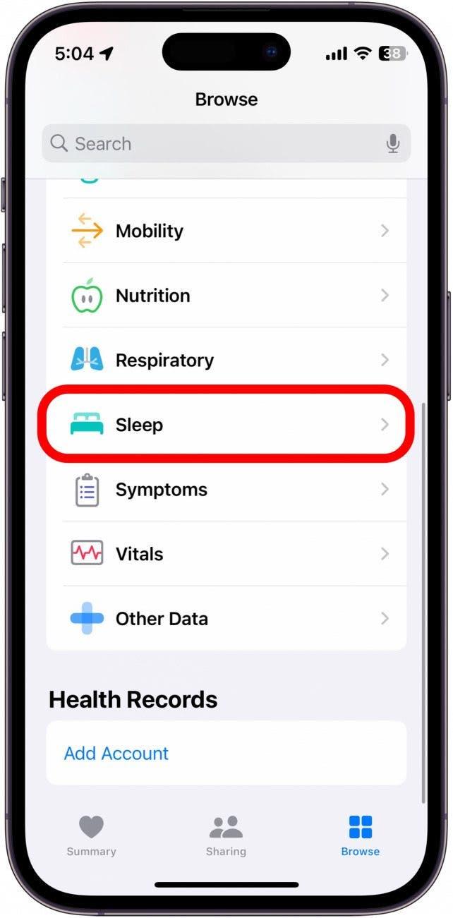 Capture d'écran de l'application santé de l'iPhone avec la catégorie sommeil entourée en rouge