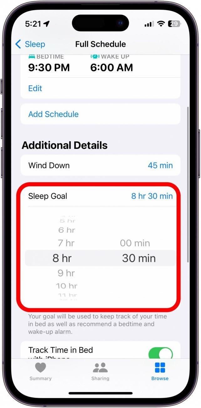 Capture d'écran du menu sommeil de l'application santé de l'iPhone avec l'objectif de sommeil entouré en rouge